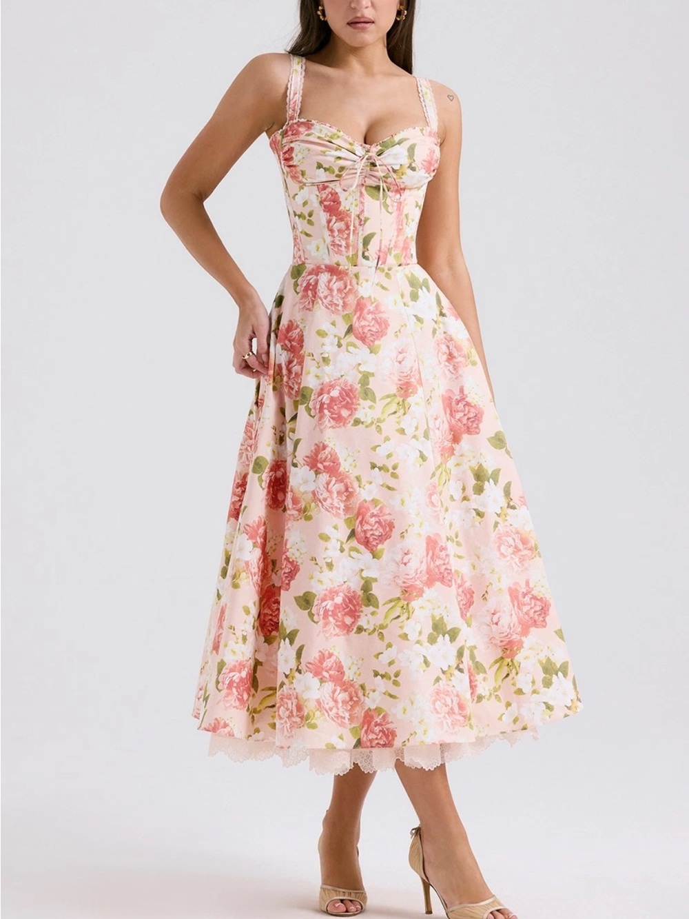 House of CB Rosalee pink peony print cotton Midi Dress